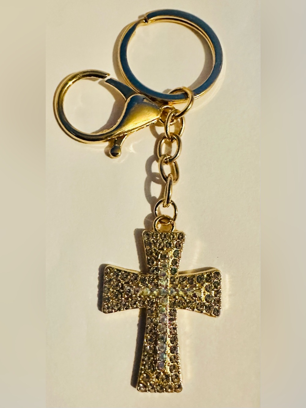Gold Tone Crystal Cross Keychain/Bagcharm Pink Teardrop